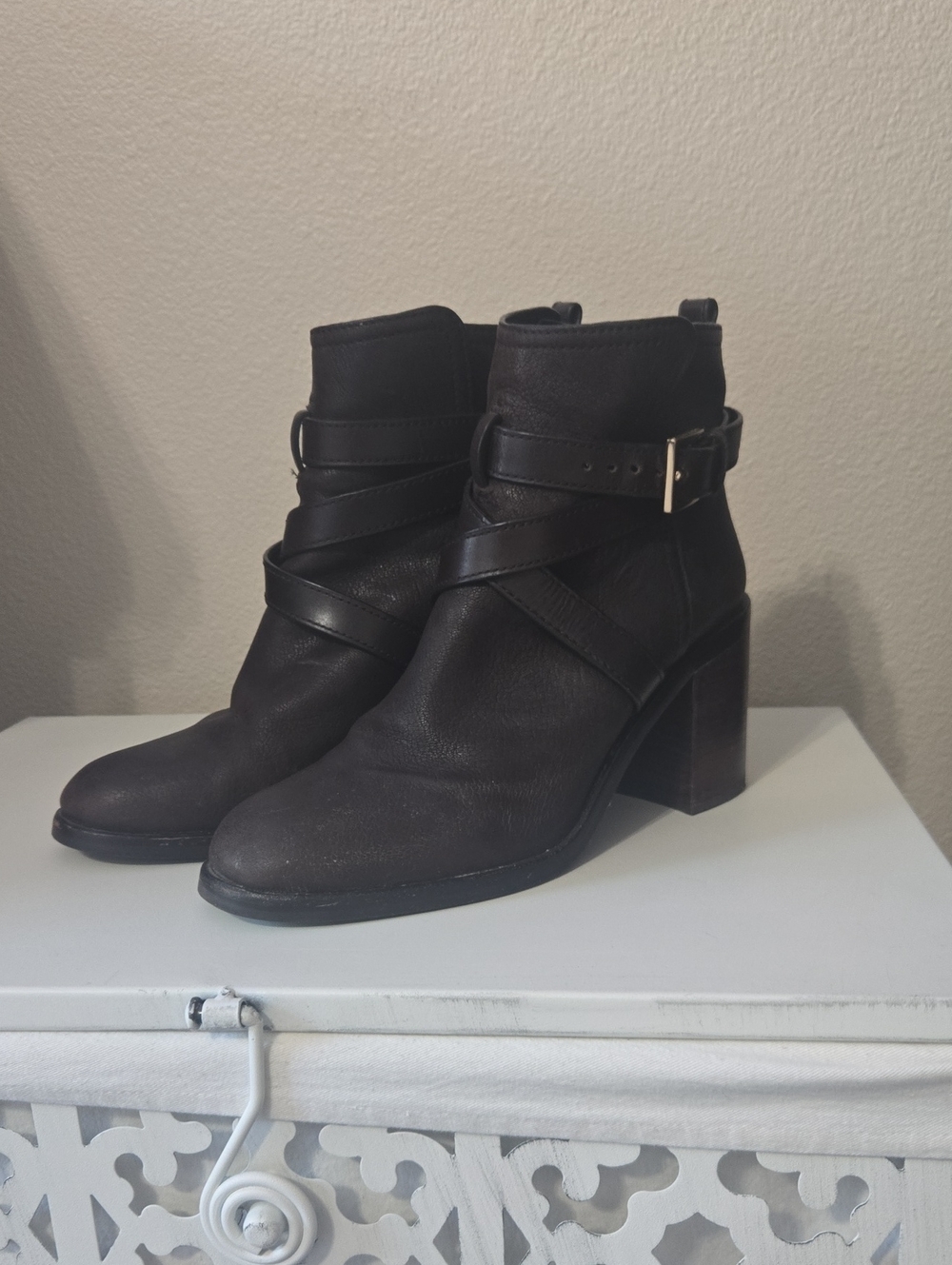 Tory Burch Black Leather Heeled Ankle Boots with Buckle Strap